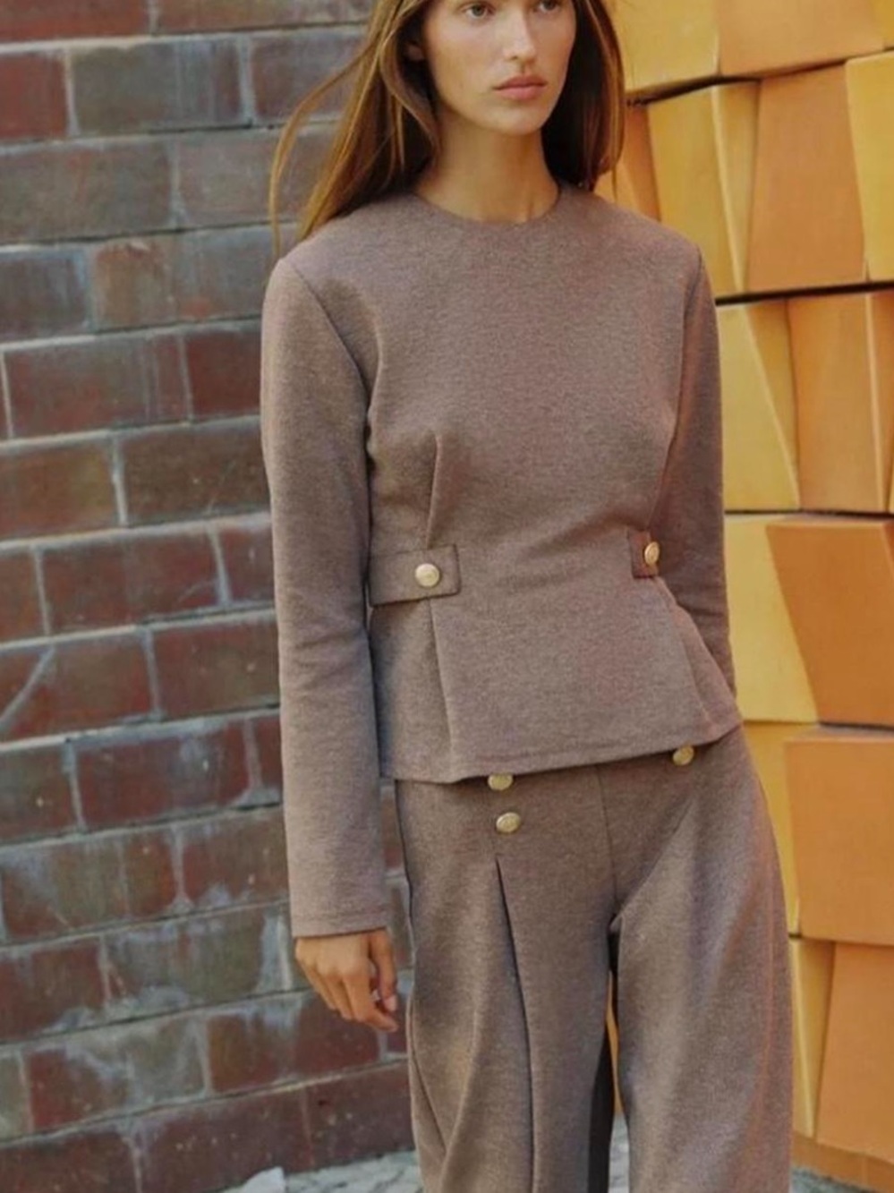 Zara Taupe Long-Sleeve Peplum Sweatshirt